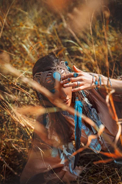 Beautiful Young Stylish Woman Field Sunset Oriental Tribal Princess — Stock Photo, Image