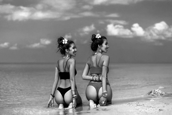 Dos Hermosas Hermanas Gemelas Bikini Playa Tropical Fotos de stock libres de derechos