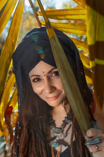 Beautiful Young Stylish Woman Wearing Turban Oriental Accessories Outdoors — Stock Photo, Image