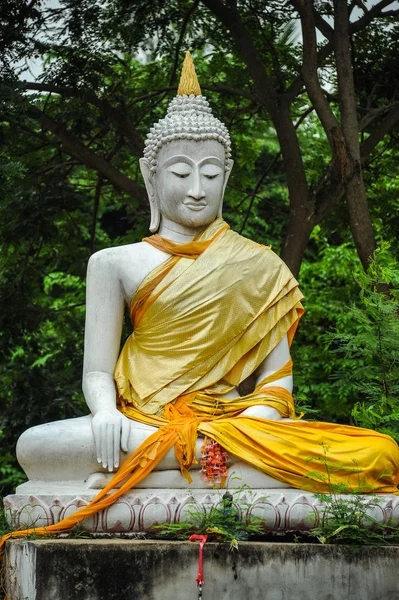 Witte Boeddha beeld in tuin van boeddhistische tempel. — Stockfoto
