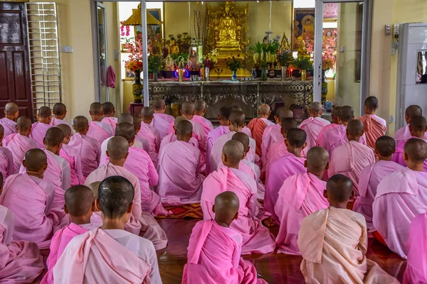 Monjas con túnicas rosadas cantando delante de Buddha Image — Foto de Stock