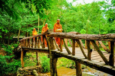 Buddist keşiş sadaka sabah aramak için yürüyüş