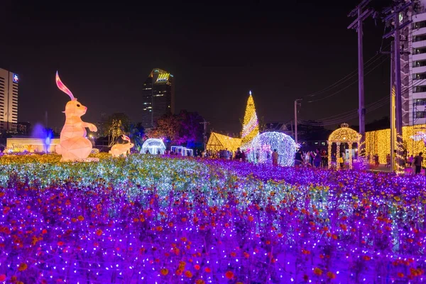 People sightseeing Multi colors LED decorated in public park — Stock Photo, Image