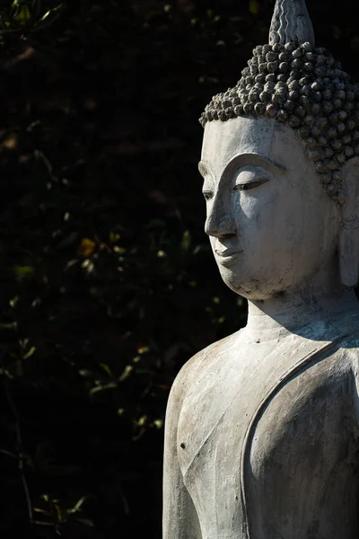 Vecchia Immagine Buddha Cemento Luce Ombra Nel Tempio Rovinato Buddista — Foto Stock