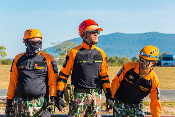 Rescue team in drilling on simulation of passenger airplane cras