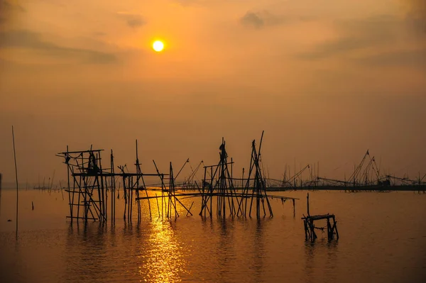 Traditional bamboo and wooden fishing tools in swamp — Stock Photo, Image