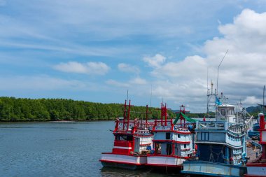 Balıkçı gemileri nehir kenarına park ediyor. 