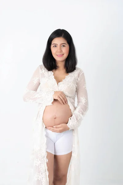 Těhotná Šťastná Žena Dotýká Svého Břicha Těhotná Mladá Matka Portrét — Stock fotografie