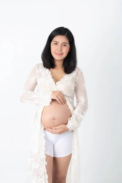 Těhotná Šťastná Žena Dotýká Svého Břicha Těhotná Mladá Matka Portrét — Stock fotografie