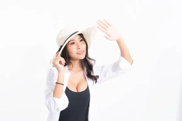 Portrait Happy Young Woman Beach Hat Swimsuit White Shirt Studio — Stock Photo, Image