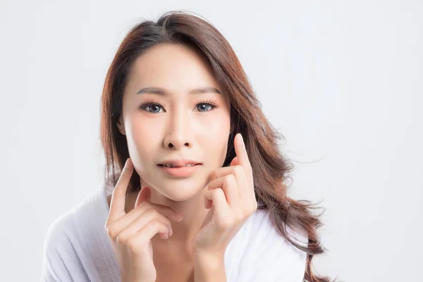 Beautiful Young Woman Wearing White Bathrobes Touching Her Face Smiling — Stock Photo, Image