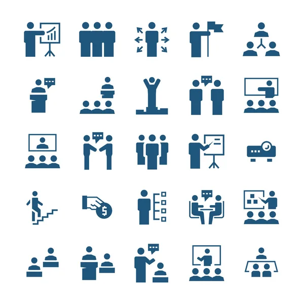 Business people, presentation, training icon set in flat style. Векторные знаки . — стоковый вектор