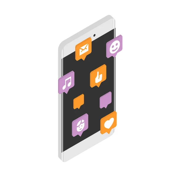 Moderne smartphone met wolk van social media spraakbellen. Isometrische vectorillustratie. — Stockvector