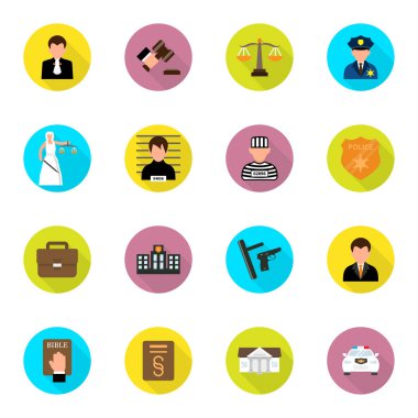 Cezaevi ve suçlunun vektör seti, yasanın düz stili simgesi.