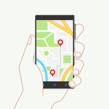 El ele tutuşan telefon ve düz bir şekilde harita ve mobil navigasyon. Vektör illüstrasyonu