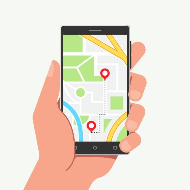 El ele tutuşan telefon ve düz bir şekilde harita ve mobil navigasyon. Vektör illüstrasyonu
