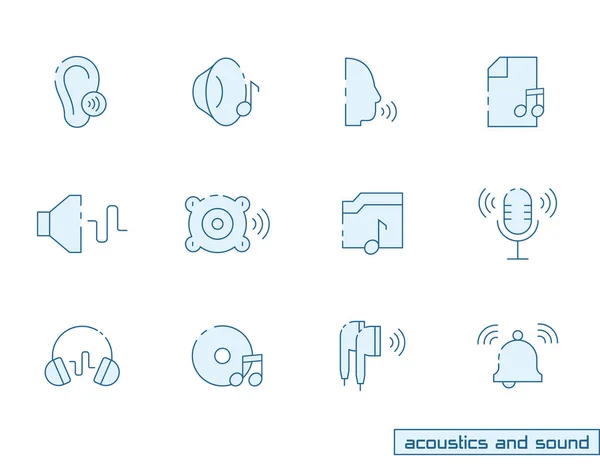 Sada ikon akustiky a zvuku v barevném stylu osnovy. Vektorové symboly. — Stockový vektor
