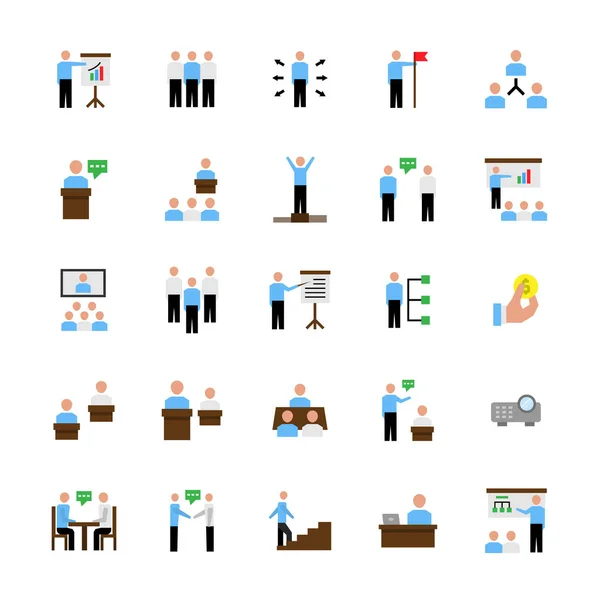 Business people, presentation, training icon set in flat style. Векторные знаки . — стоковый вектор