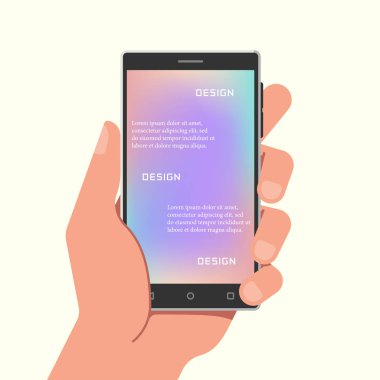 Gradyan ağ duvar kağıtlarıyla el ele tutuşan telefon. Vektör illüstrasyonu.