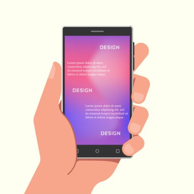 Gradyan ağ duvar kağıtlarıyla el ele tutuşan telefon. Vektör illüstrasyonu.