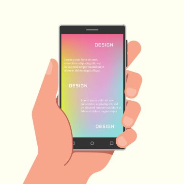 Gradyan ağ duvar kağıtlarıyla el ele tutuşan telefon. Vektör illüstrasyonu.
