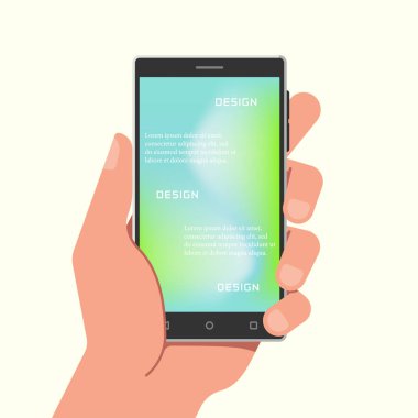 Gradyan ağ duvar kağıtlarıyla el ele tutuşan telefon. Vektör illüstrasyonu.
