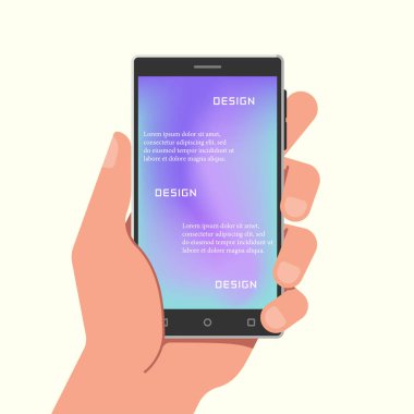 Gradyan ağ duvar kağıtlarıyla el ele tutuşan telefon. Vektör illüstrasyonu.