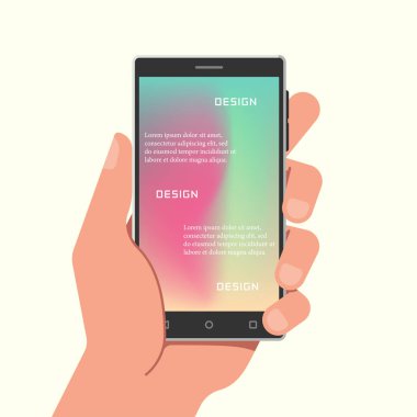Gradyan ağ duvar kağıtlarıyla el ele tutuşan telefon. Vektör illüstrasyonu.