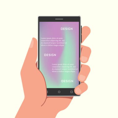 Gradyan ağ duvar kağıtlarıyla el ele tutuşan telefon. Vektör illüstrasyonu.