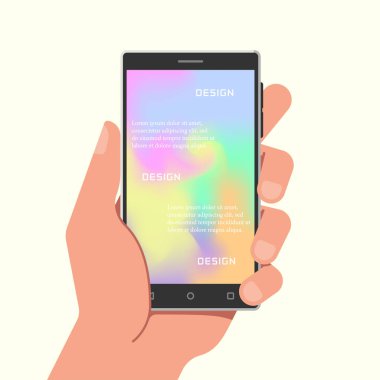 Gradyan ağ duvar kağıtlarıyla el ele tutuşan telefon. Vektör illüstrasyonu.