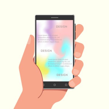 Gradyan ağ duvar kağıtlarıyla el ele tutuşan telefon. Vektör illüstrasyonu.