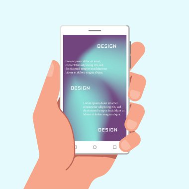 Gradyan ağ duvar kağıtlarıyla el ele tutuşan telefon. Vektör illüstrasyonu.