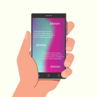 Gradyan ağ duvar kağıtlarıyla el ele tutuşan telefon. Vektör illüstrasyonu.