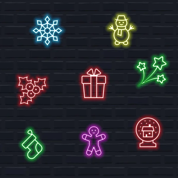 Christmas Icon Set Neon Style Vector Illustration — Stock Vector