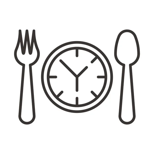 Tenedor, cuchillo e icono del reloj — Vector de stock