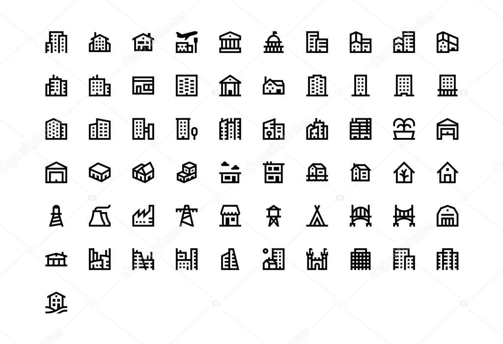 Set vector black line icons Buildings