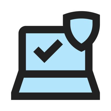 Dizüstü bilgisayar, kontrol, doğrulama, kalkan, koruma, koruma, savunma basit simgesi, vektör illüstrasyonu