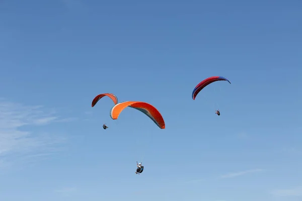 Três parapentes voando em um dia de condições ideais — Fotografia de Stock