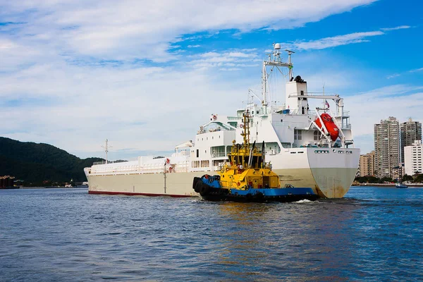 Brezilya Santos Limanı Girişinde Bir Gemiye Rehberlik Eden Römorkör — Stok fotoğraf