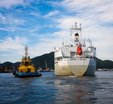 Brezilya, Santos Limanı girişinde bir gemiye rehberlik eden römorkör..