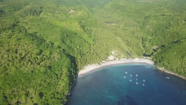 海の紺碧の水と美しい湾と熱帯の緑の島の空中写真 — ストック動画