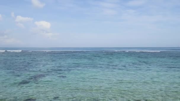 地平線上の波と青い海の下の島バリ島空港に着陸する飛行機 — ストック動画
