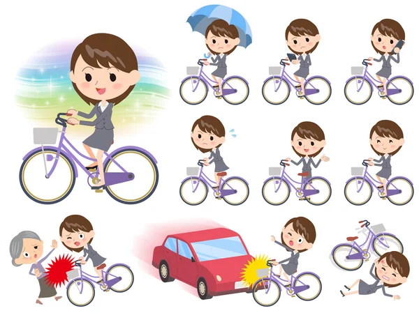 Gray suit business woman ride on city bicycle — Stock Vector