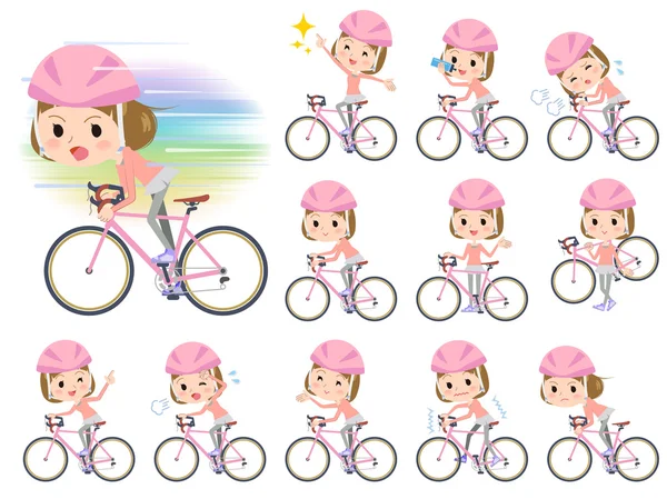 Straight bangs hair pink wear women ride on rode bicycle — Διανυσματικό Αρχείο