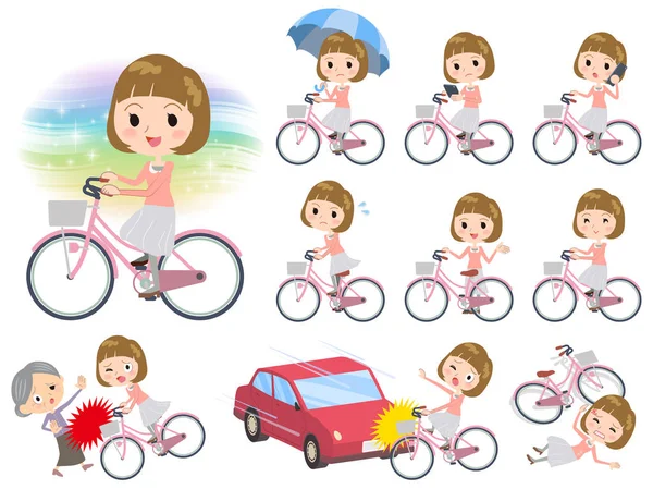 Em linha reta franja cabelo rosa blusa mulheres passeio na cidade bicicleta —  Vetores de Stock