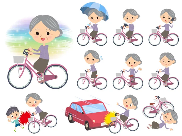 Ropa púrpura abuela paseo en bicicleta de la ciudad — Vector de stock