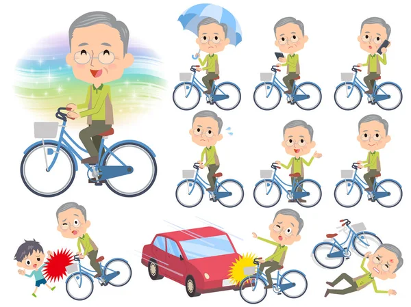 Chaleco verde abuelo paseo en bicicleta de la ciudad — Vector de stock