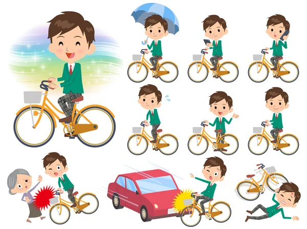Okul çocuk yeşil ceket yolculuk şehir Bisiklet — Stok Vektör