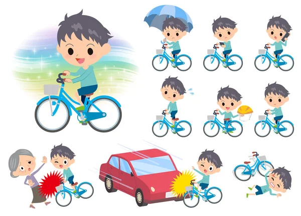 Ropa azul niño paseo en bicicleta de la ciudad — Vector de stock