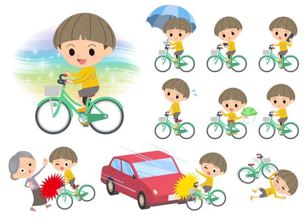 黄色的衣服 Bobbed 男孩骑在城市自行车 — 图库矢量图片